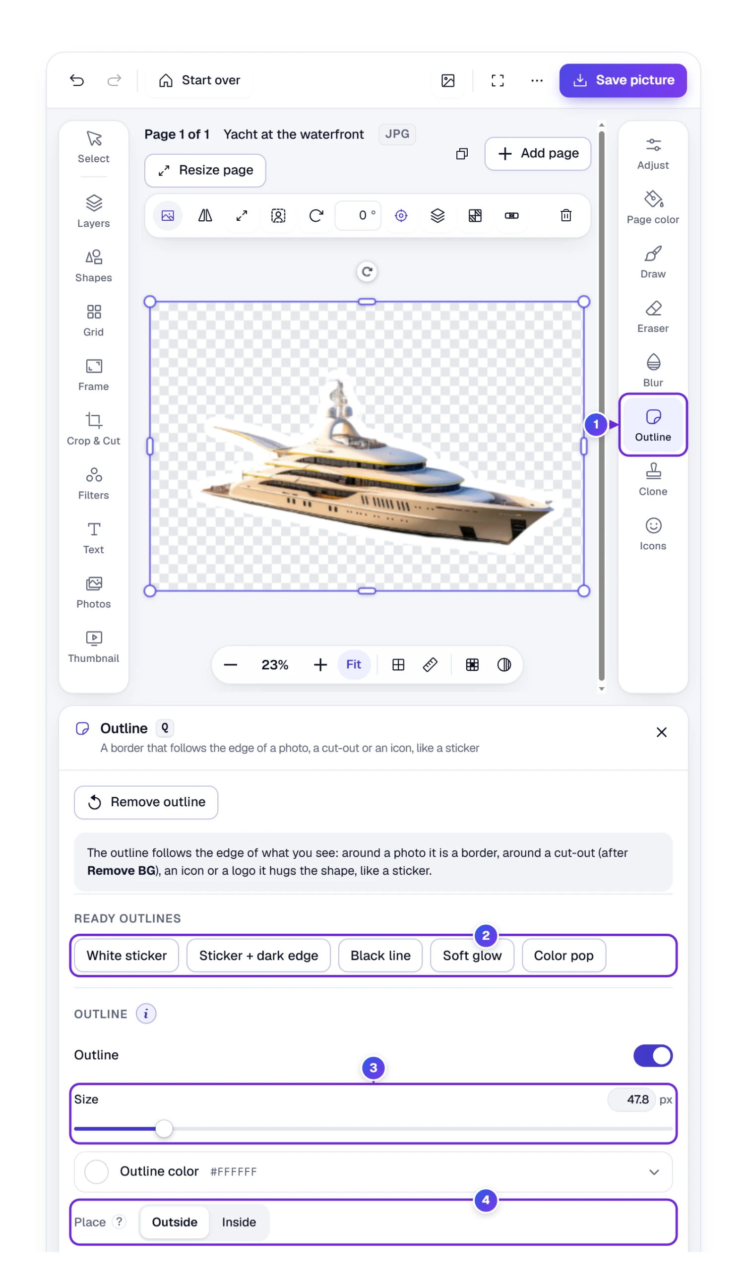 The yacht cut-out with a white sticker outline and the Outline panel with ready outlines, size, color and place