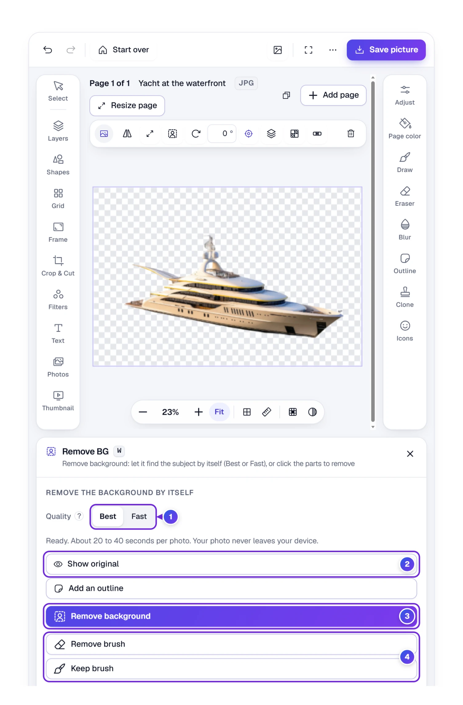 A yacht photo with its background removed by the Best setting, the see-through check pattern and the Remove BG choices