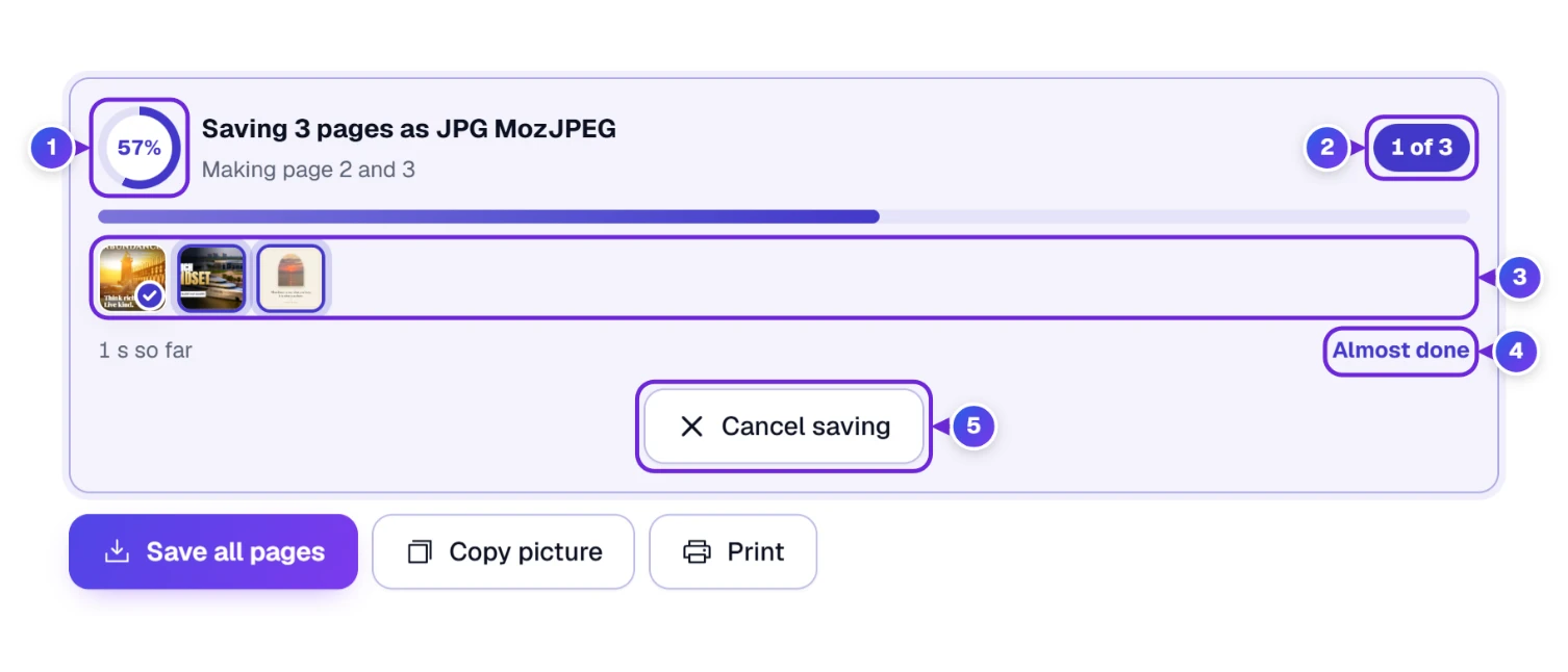 Saving the three-page example: the percent ring, pages ready, a small picture per page, time left and Cancel saving
