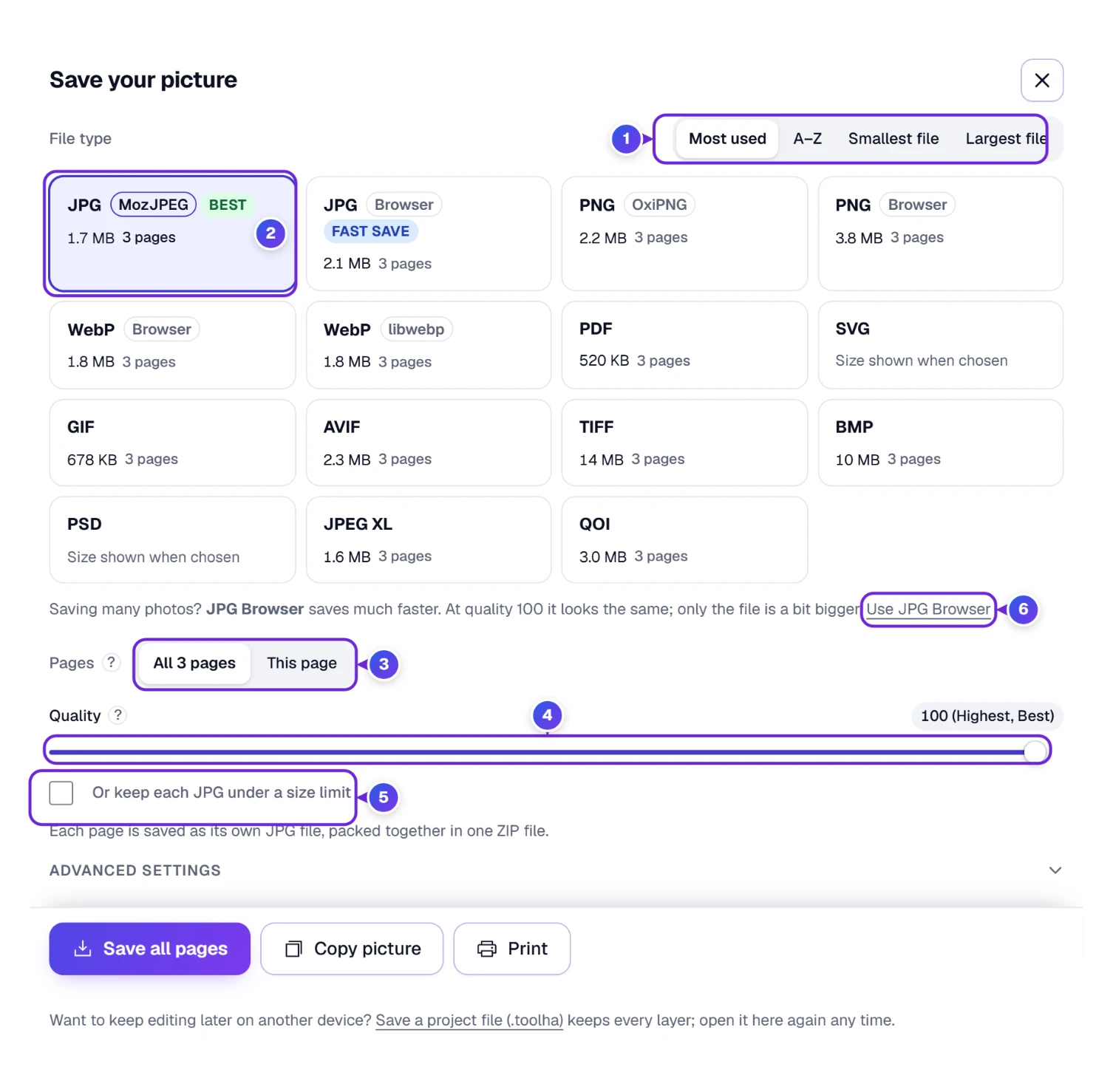 The Save your picture box with 15 file types, the exact size of each file, All pages or This page, Quality and a size limit