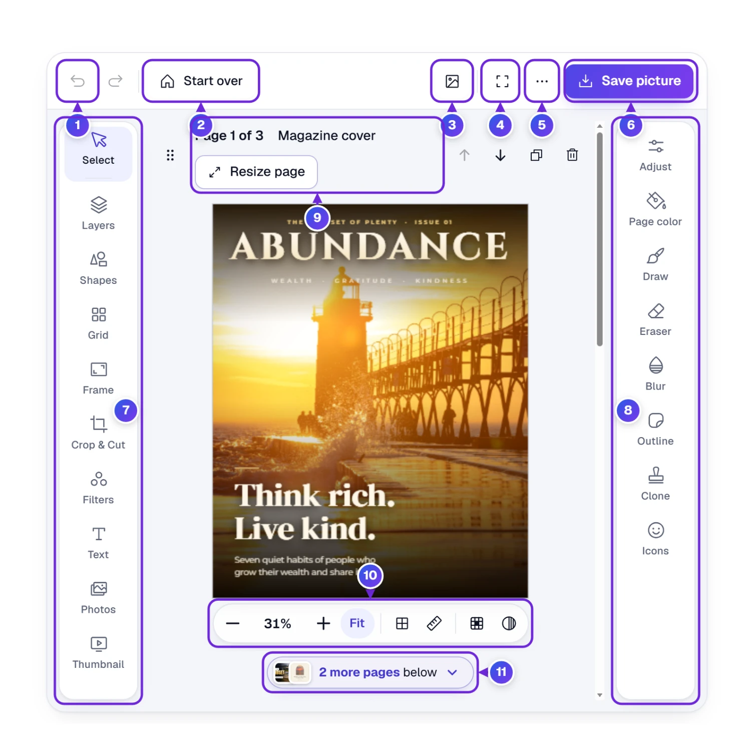 The editor with the cover example open: top bar, both tool rails, page head, zoom bar and the more pages line