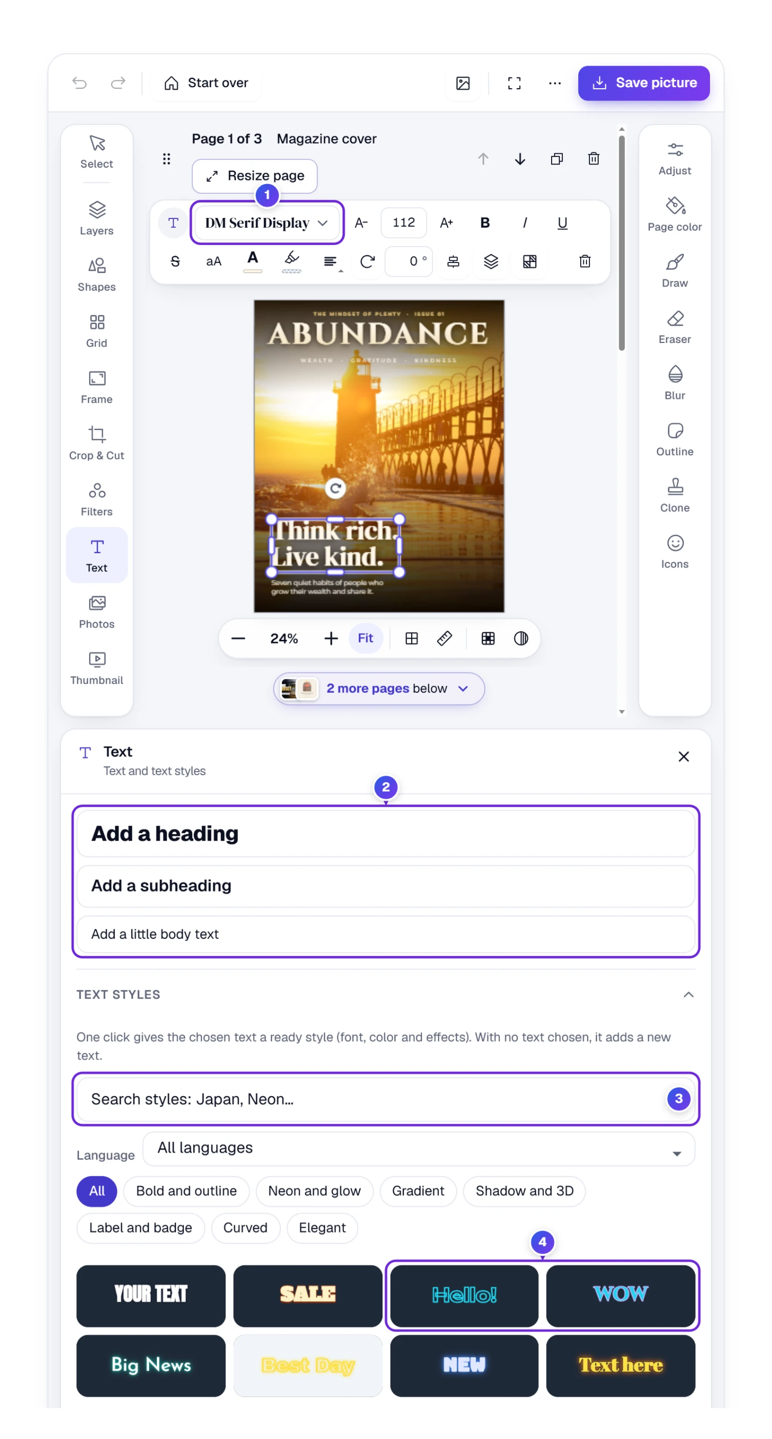 Think rich chosen on the cover, with the text bar on top and the Text panel with heading buttons and ready text styles