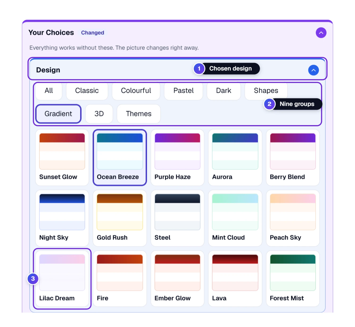 The Design panel in Your Choices: nine group buttons and a grid of gradient designs, Ocean Breeze chosen