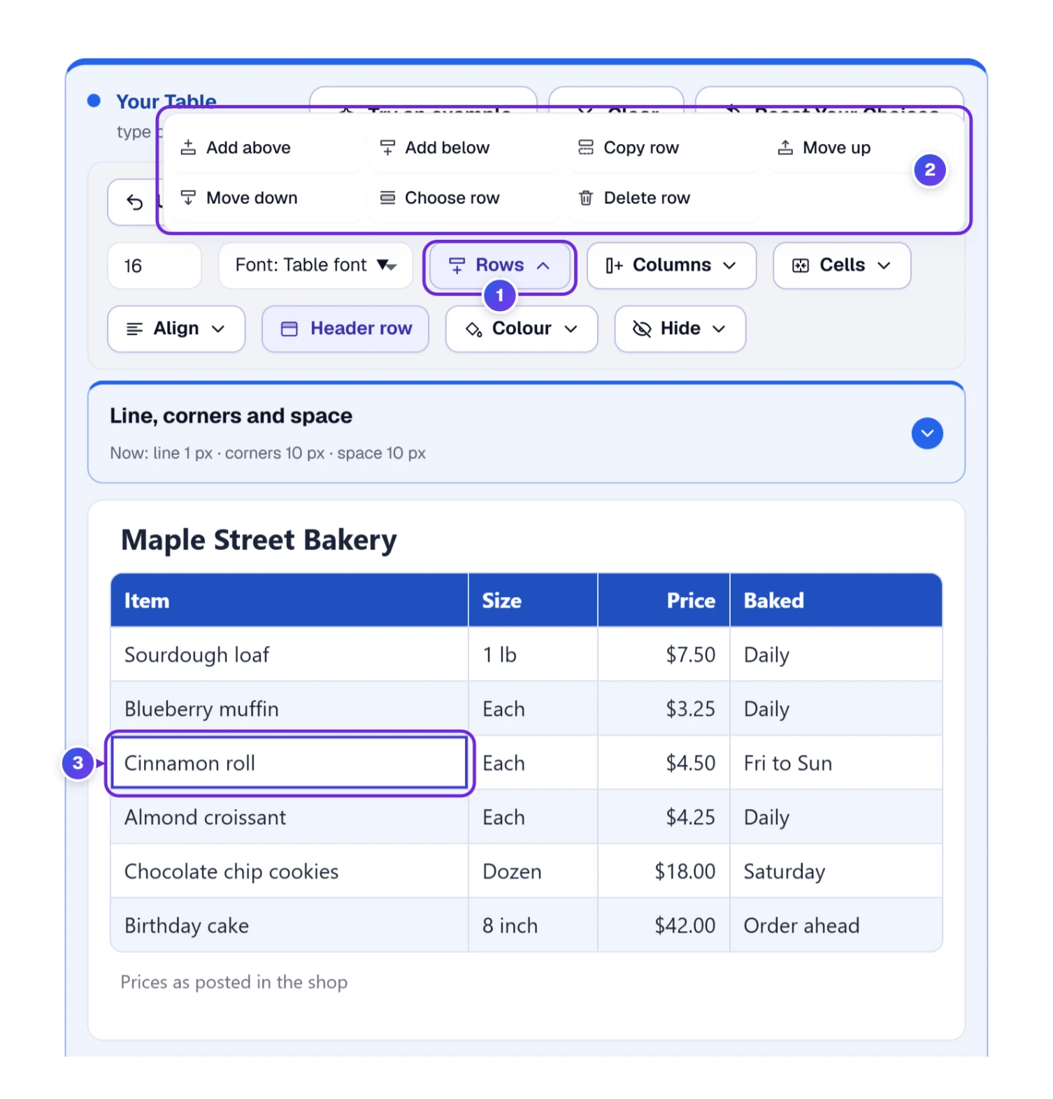 The Rows menu open above the toolbar, with one cell chosen in the Cinnamon roll row of the bakery table