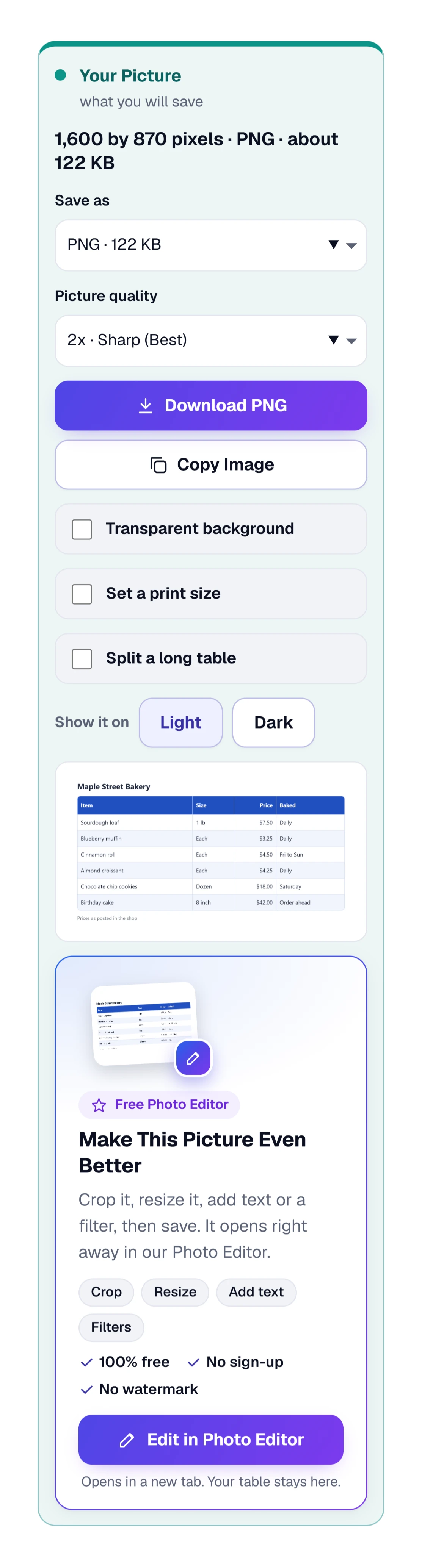 The Your Picture box on a phone: file size, Save as, Picture quality, Download, Copy Image, preview and Photo Editor card