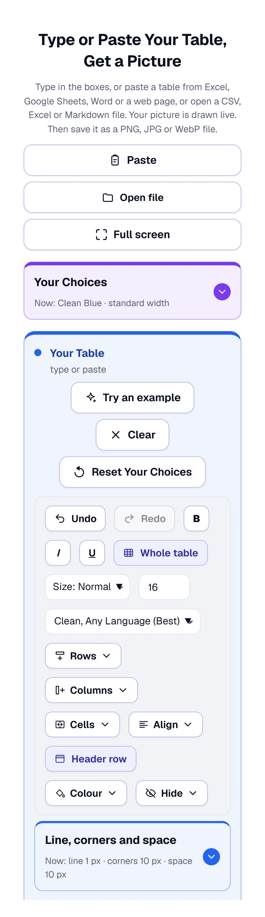 The Table to Image Converter on a phone: the three buttons, Your Choices and the Your Table toolbar stacked to fit the screen