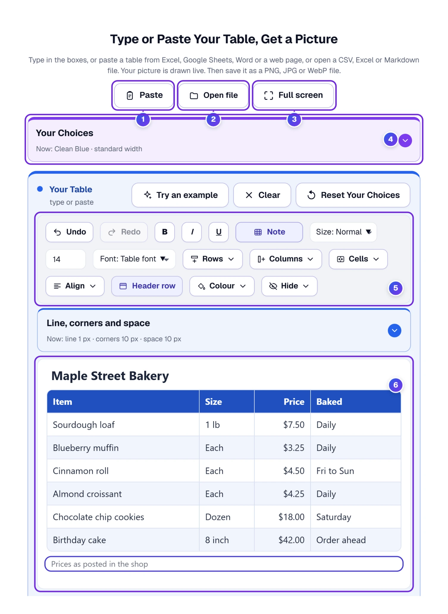 The Table to Image Converter with its three ways in, the Your Choices bar, the toolbar and a bakery price table