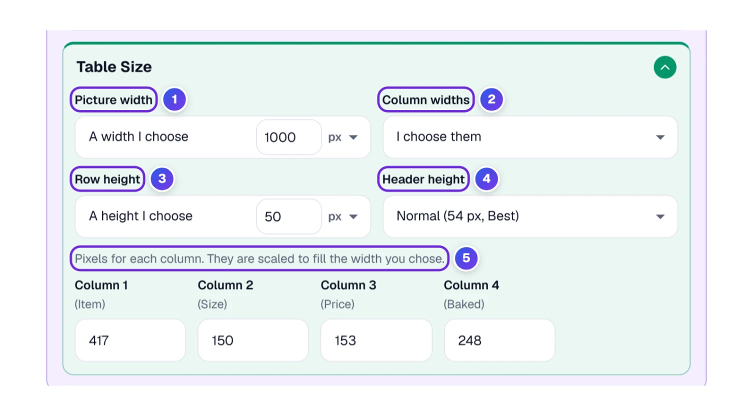 The Table Size fold with Picture width on A width I choose, Column widths, Row height and Header height lists